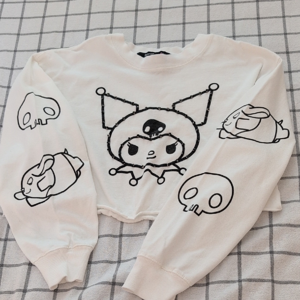 White Cropped Sweatshirt with Cartoon Graphics